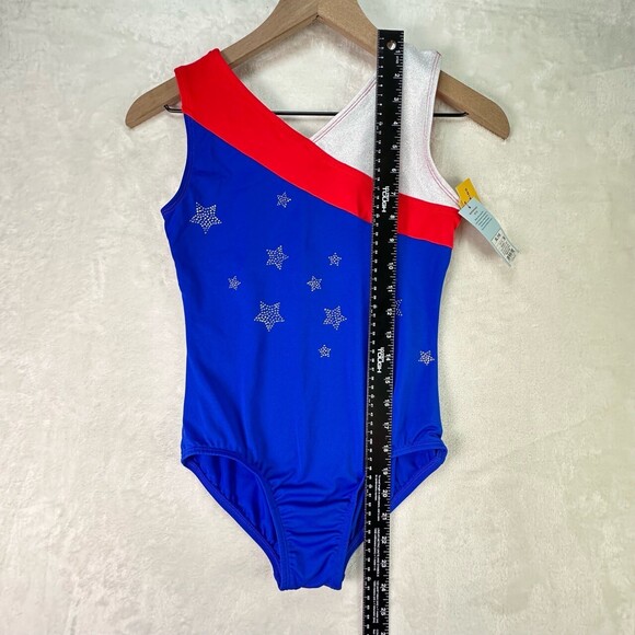 NWT Girls Red Wt Blue Star Embellished Sleeveless Asymmetric Flag Leotard XL14 - Picture 9 of 10